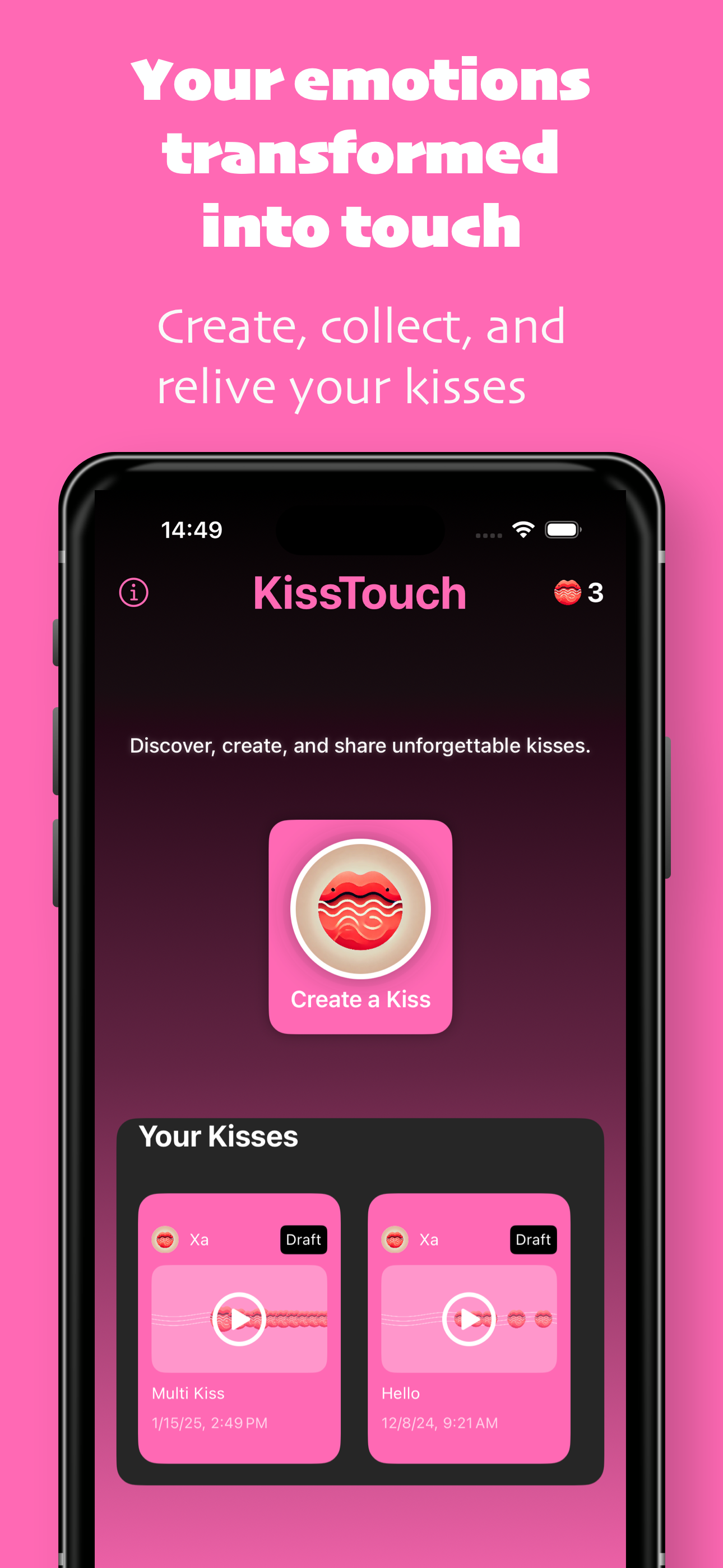 KissTouch App - Create and Collect Kisses Interface